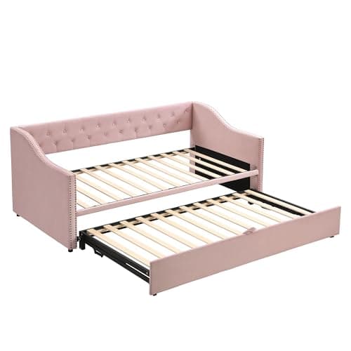 Extendable Velvet Upholstered Daybed with Pop-Up Trundle, Pink Bed Frame (Twin to King)