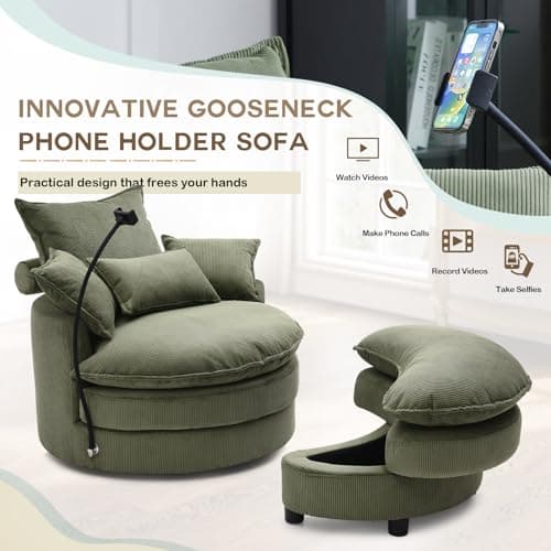 Modern Green Swivel Chair with Phone Holder & Storage Ottoman, Corduroy Upholstered