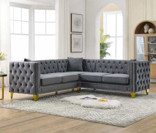 Modern Button Tufted Velvet L-Shaped Couch with Gold Nail Heads for Living Room