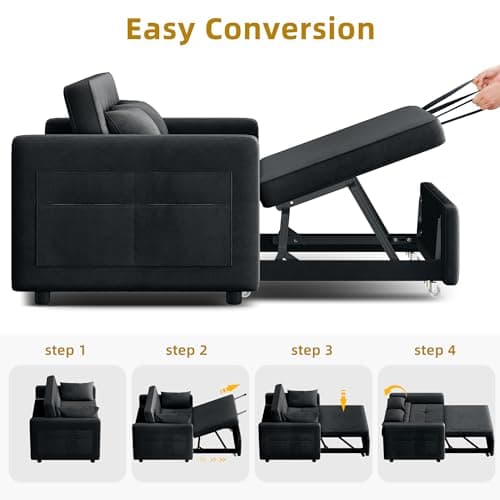 Black 55" 3-in-1 Convertible Sofa Bed with Velvet & Adjustable Backrest