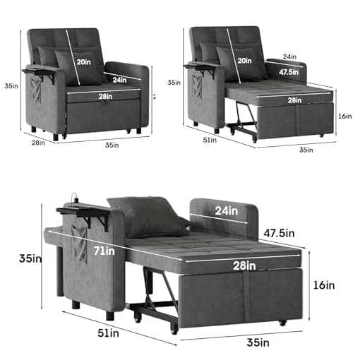 3-in-1 Velvet Sleeper Sofa Chair with USB Ports and Wing Table