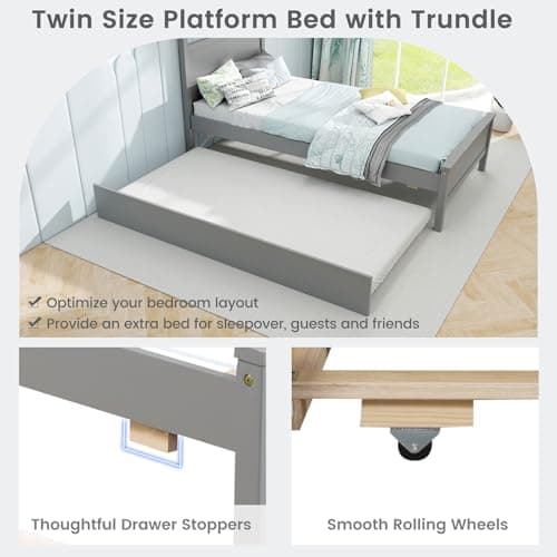Giantex Wood Day Bed Twin with Headboard & Slats Support, Grey