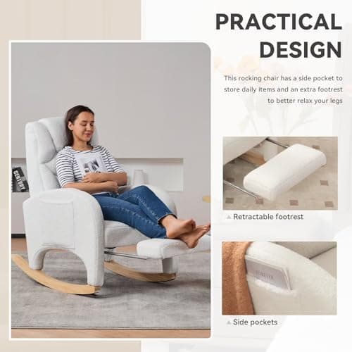 FOXHUNTER Modern Glider Chair with Footrest & Solid Wood Legs, High Backrest & Side Pocket, Teddy Ivory