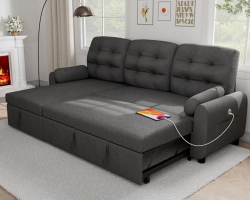 87 Sleeper Sectional Sofa Bed with Storage Chaise - Dark Grey Linen Fabric