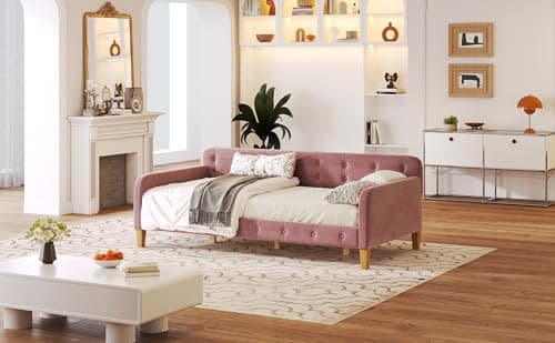 Upholstered Button-Tufted Twin Daybed with Wood Slat Support, Pink