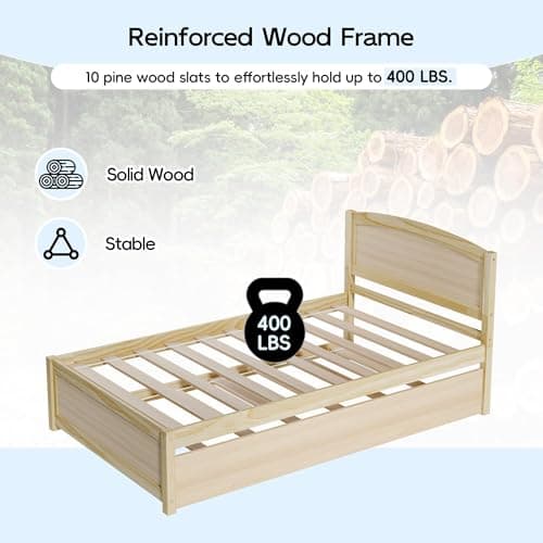 Twin Size Extendable Daybed with Trundle, Solid Wood Support (Natural)