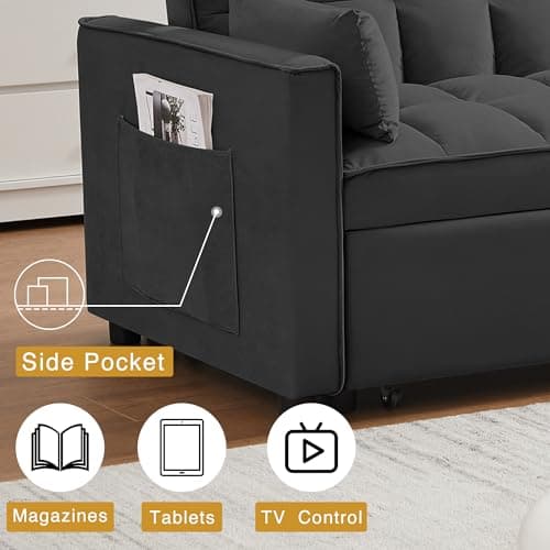 3 in 1 Convertible Sleeper Sofa Bed, Black Velvet Living Room Couch with Side Pocket | Adjustable Backrest