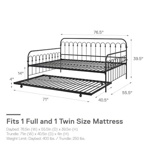 Novogratz Black Full Metal Daybed with Twin Trundle Bed