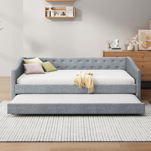 Light Grey Twin Daybed with Trundle and Button Tufted Upholstery