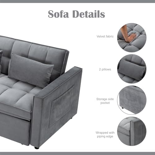 55" Convertible Velvet Sleeper Sofa Bed with Storage | Grey