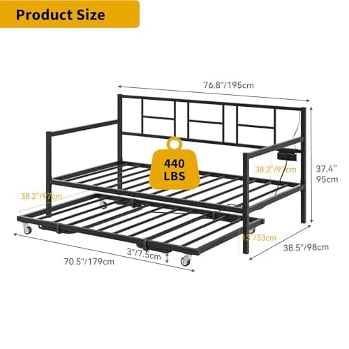 DWVO Height Adjustable RGB LED Daybed with Charging Station, Black