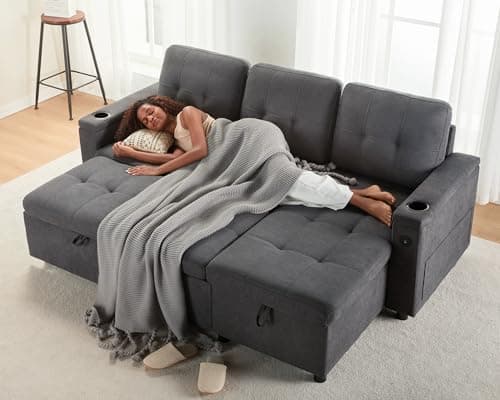 AMERLIFE Dark Grey 84 Inch L Shaped Pull Out Couch Bed with Storage