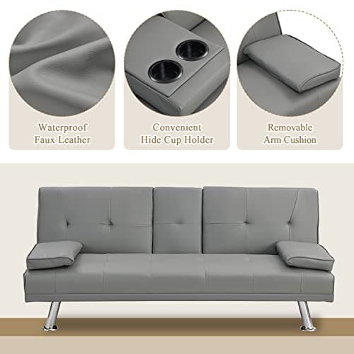 Antetek Modern Convertible Faux Leather Futon Sofa Bed with Cup Holder – Grey