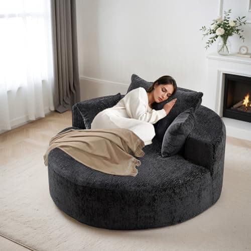 Oversized Round Chenille Deep Seat Chaise Longue Chair, Modern Black for Living Room & Bedroom