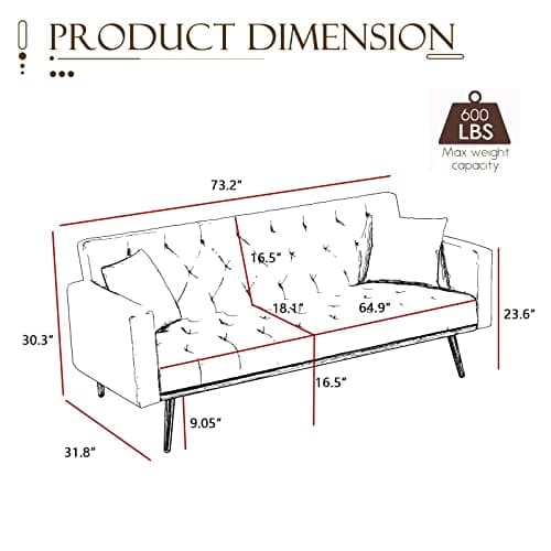 Golden Tapered Metal Legs, Pink 73-inch Reclining Velvet Futon Sofa Bed