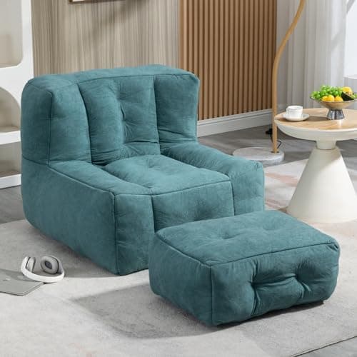 Modern Bean Bag Chair with Ottoman, Comfy Sofa Chair with High Pressure Foam - Beige