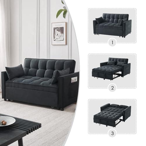 3-in-1 Velvet Sleeper Sofa Bed with Armrests & Storage, Adjustable Backrest, Black