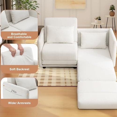 56.3" W x 74.8" D Full Size Pull Out Sofa, White Sleeper with Side Pockets