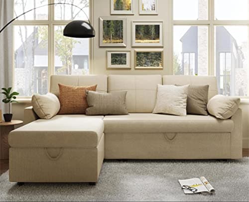 VanAcc Beige Chenille Sleeper Sofa with Storage Chaise