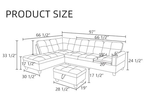 L-Shaped Couch with Chaise, 6 Seat Modern Living Room Sectional in Black/Grey with Storage