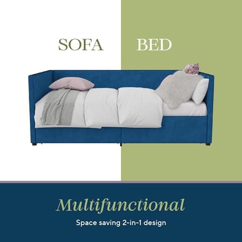 Novogratz Arliss Modern Glam Tuxedo Daybed with Storage, Twin, Blue Velvet