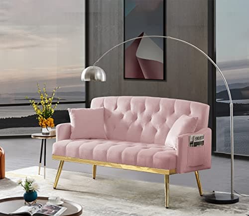 Antetek Velvet Loveseat with Side Pocket and Golden Legs, Pink