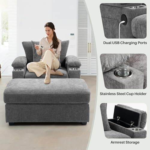 Oversized Chaise Lounge with Storage & Ottoman, Gray USB Cup Holder.maximum comfort