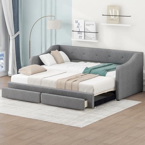 Gray Extendable Linen Daybed with Drawers and Pop-up Guest Bed