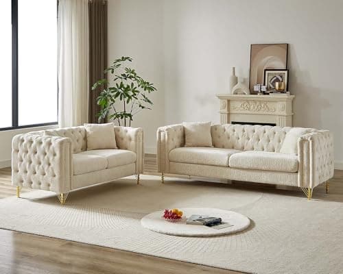 Modern Chenille Living Room Furniture Set with Copper Nail Trim, Beige