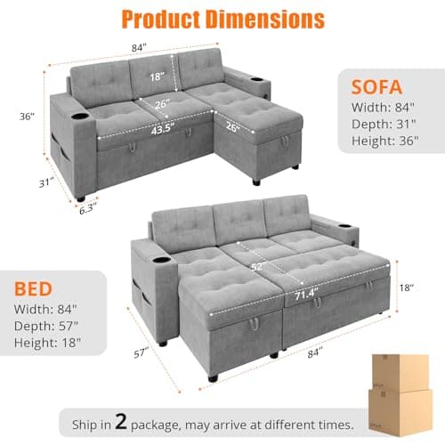 GAOMON 84 Inch L-Shaped Pull Out Sofa Bed with Storage