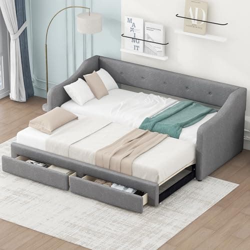 Gray Extendable Linen Daybed with Drawers and Pop-up Guest Bed