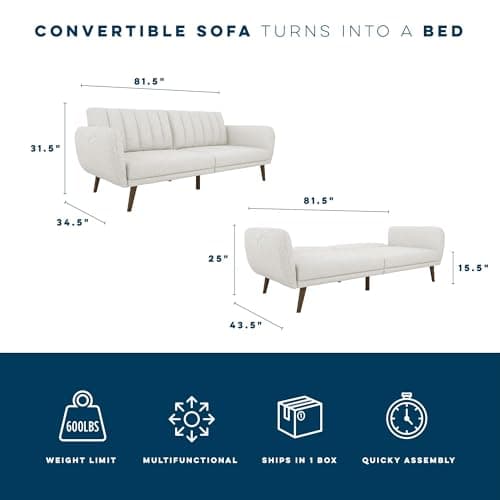 Brittany 82 Inch Futon Sofa Bed, Mid-Century Modern, Light Gray