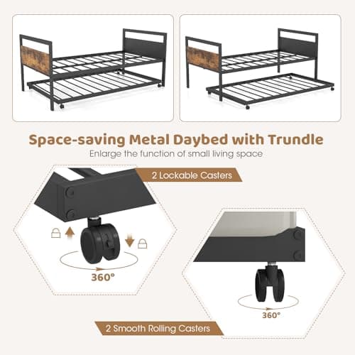 Giantex Rustic Brown Metal Day Bed with Trundle Support