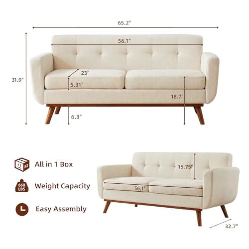 Kingfun 65.2" Loveseat Sofa, Mid Century Modern Beige