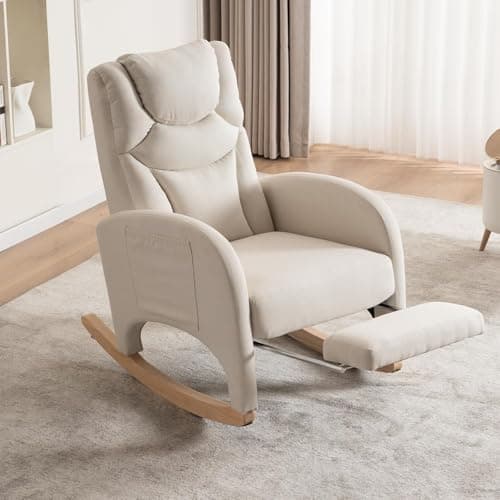 FOXHUNTER Modern Glider Chair with Footrest & Solid Wood Legs, High Backrest & Side Pocket, Teddy Ivory