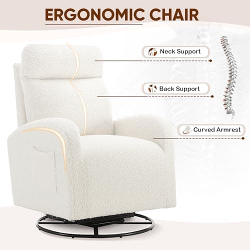 360° Swivel Glider Chair, Modern Ergonomic Boucle Upholstered Rocker with Side Pocket, Cream White