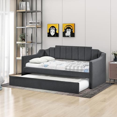 Twin Size Upholstered Daybed with Trundle - Dark Grey | Ultimate Guest Bed with Tufted Back and Piping Detail for Bedroom | No Box Spring Needed  
Twin Size Upholstered Daybed with Trundle - Dark Grey | Perfect Sofa Bed for Guest Room with Button Bac
