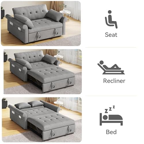 DWVO 3-in-1 Reclining Sleeper Sofa Bed, 56" Loveseat with Storage, Grey