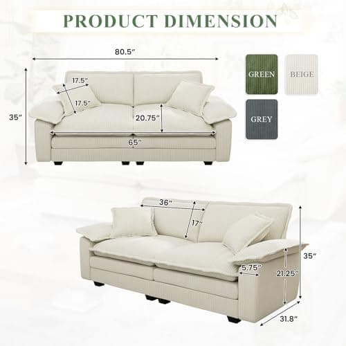 80.5-inch Modular Sectional Couch with Ottoman, Modern Oversized Corduroy Cloud Fluffy Deep Seat Loveseat Chaise Lounge Sofa with 2 Throw Pillows for Living Room Bedroom Apartment, Gray