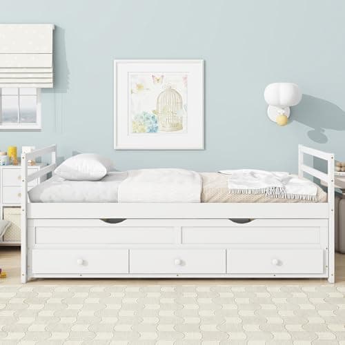 Twin Daybed with Headboard & Footboard, Storage Drawers, Pull-Out Trundle, White