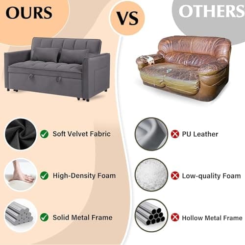 3-in-1 Velvet Sleeper Sofa Bed, Armrests, Storage & Pillows, Dark Grey