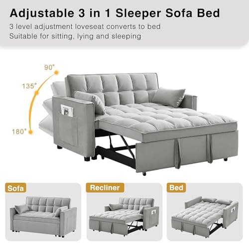 3-in-1 Convertible Sectional Sofa Bed, Grey Velvet | Side Pocket, Adjustable Backrest