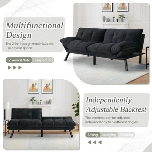 Thick Cushioned 72" L Velvet Futon Couch Bed, Deep Black Reclining Sofa