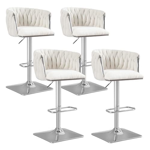 Antetek Modern Swivel Bar Stool Set, Adjustable Height, Woven Back, Silver Base, Blue Teddy