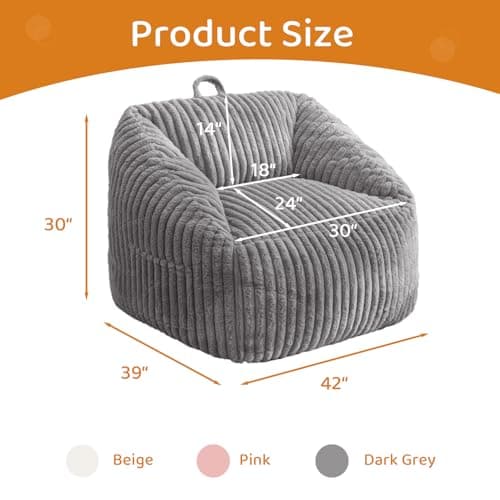 BYBYME Giant Comfy Bean Bag Chair for Adults and Kids, Grey