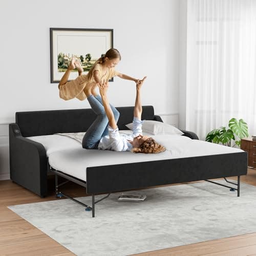 Rophefx Velvet Black Twin Day Bed with Pop Up Trundle & USB