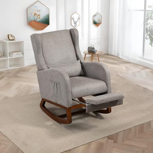 Ivory Comfortable Rocking Chair with Foot Rest for Nursery and Relaxing