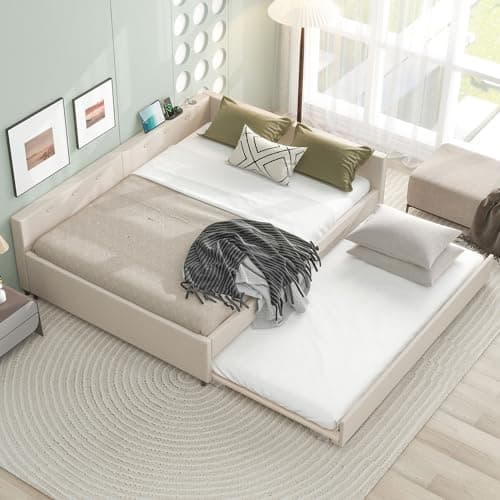 Modern Queen Upholstered Bed with Built-in USB, Beige Trundle Included