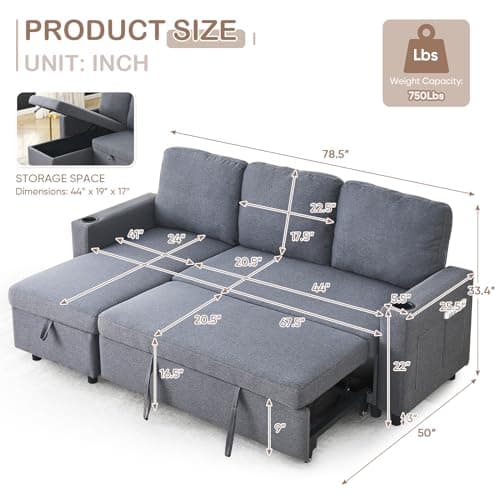 Antetek Reversible L-Shaped Sleeper Sofa Bed, Dark Grey & Storage Chaise