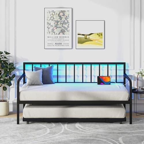 KOMFOTT Twin Metal Daybed with Pop-Up Trundle & Charging Station